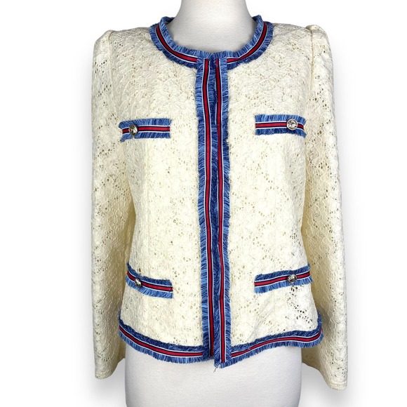 Gracia Jackets & Blazers - New Gracia Cream Eyelet Lace Red Blue Fringe Twee Retro Glam Regal Blazer Jacket